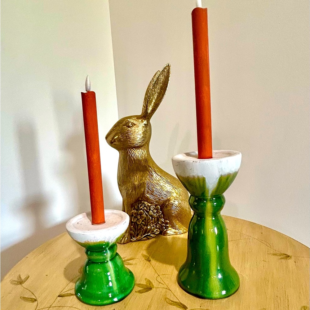 Vintage Green and White Pottery Candle Holders